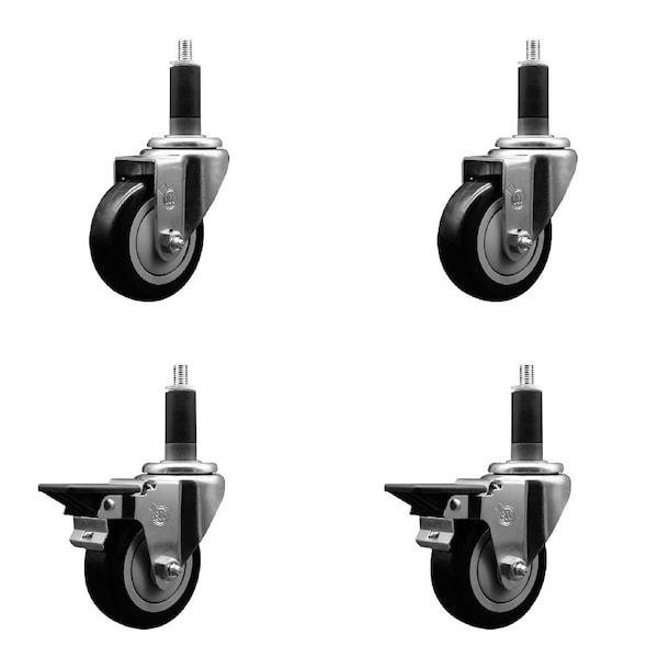 Service Caster 3.5'' Black Poly Wheel Swivel 1-1/8'' Expanding Stem Caster Set 2 Brakes, 4PK SCC-EX20S3514-PPUB-BLK-2-PLB-2-118 - main